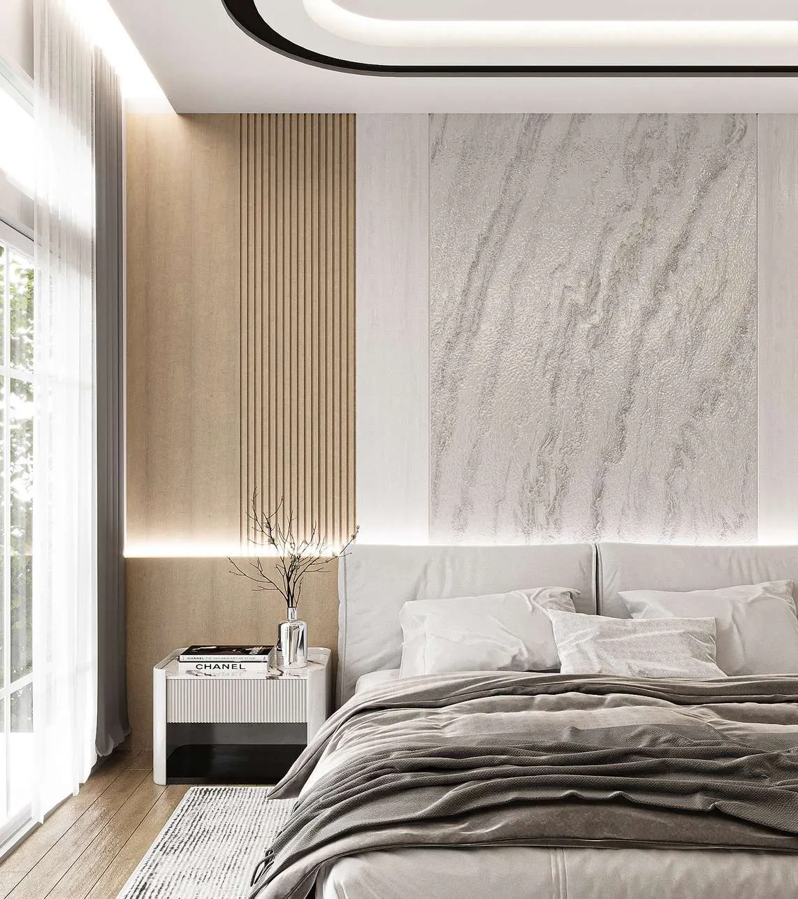 3D visualization of a bedroom with a marble feature wall, timber slats and soft cove lighting
